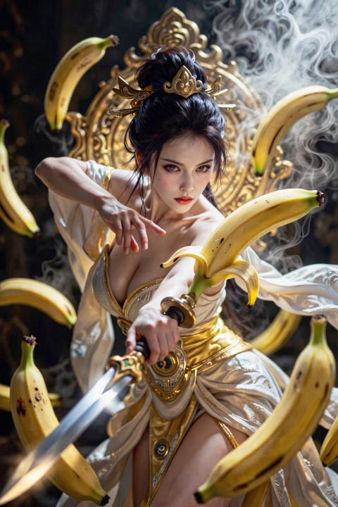 创作一幅中式怪诞风格的不知火舞画面,优雅神圣的不知火舞者穿着淡金色华丽奢华的服饰,慈悲中带着邪性,白皙水嫩的肌肤,展现出高雅的质感。她斜眼腼腆地看着镜头,单手对镜头勾手,营造出强烈的诱惑感。 她手持着香蕉外形的法宝,周身环绕着香蕉外形的剑气,剑气凌厉飘逸,灵动环绕。人物背后一个巨大金色香蕉法相若隐若现,接天连地,人物周身环绕着金色香蕉剑气虚化成前景,增添了一层朦胧美感。使用厚涂笔触和低饱和度,但保持笔触纹理清晰,营造出法天象地的效果。 表情高冷圣洁,悲天悯人,高高在上,清冷淡漠,给人带来压迫感。采用超广角强透视,仰视镜头拍摄,底光打脸,明暗对比强烈,阴影过渡自然,浓雾弥漫,唯美辉光,整体色调接近诺兰电影风格,带有黑色风格。 光影交织梦幻朦胧,史诗宏大,玄幻色彩浓厚,充满宿命感和故事感,展现动态张力。使用UE5渲染,8K超清,极致细节,大师级构图,电影级质感,高级艺术感,视觉冲击力极强。
消除一切影响清晰度的不良因素,最佳光影效果

后期制作与质感：微调色彩对比度,强化衣物边缘锐度,保留肌肤自然光泽,营造梦幻史诗写真的高级质感。