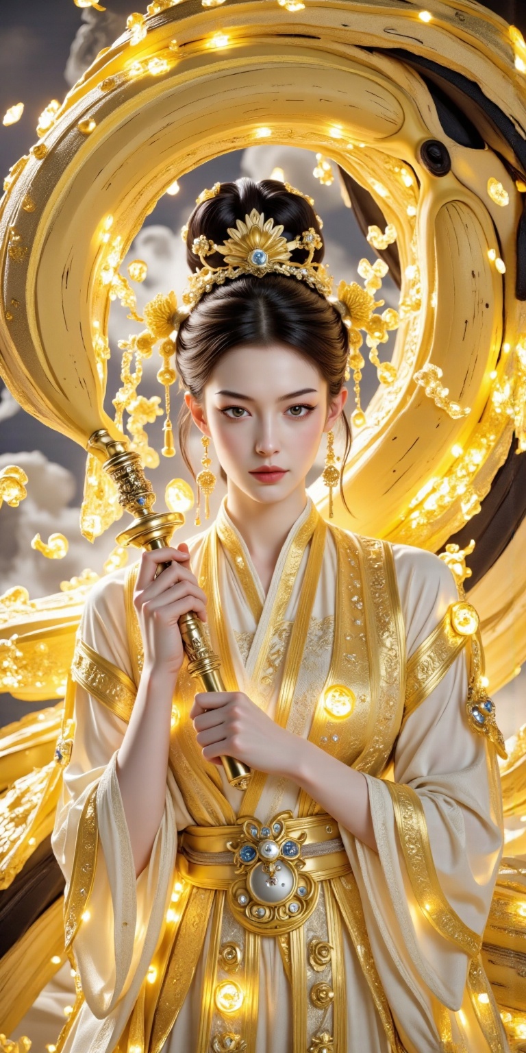 Create a picture of Shiranui dance in Chinese grotesque style. The elegant and sacred Shiranui dancer wears gorgeous and luxurious costumes of light gold. Her compassion is evil, and her fair and tender skin shows an elegant texture. She looked shyly at the camera with squinting eyes and hooked her hand to the camera, creating a strong sense of temptation. She is holding a banana-shaped magic weapon, and is surrounded by banana-shaped sword energy. The sword energy is sharp, elegant, and agile. A huge golden banana is looming behind the character, connecting the sky and the earth. The golden banana sword energy surrounding the character disappears into the foreground, adding a layer of hazy beauty. Use thick brush strokes and low saturation, but keep the texture of the brush strokes clear to create the effect of heaven and earth. The expression is cold and holy, compassionate, aloof, cold and indifferent, giving people a sense of oppression. It adopts super wide-angle strong perspective, looking up to shoot, with bottom light hitting the face, strong contrast between light and dark, natural shadow transition, thick fog, beautiful glow, and the overall tone is close to the style of Nolan movies, with a black style. The interweaving of light and shadow is dreamy and hazy, epic and grand, with strong fantasy colors, full of a sense of fate and story, and showing dynamic tension. Using UE5 rendering, 8K ultra-clear, extreme details, master-level composition, movie-level texture, advanced artistic sense, and strong visual impact.
Eliminate all negative factors that affect clarity, achieve optimal light and shadow effects, define long eyelashes, and highly saturated water-gloss lip glaze. Use the most advanced technology to reduce noise, anti-aliasing and anti-blur to achieve the ultimate ultra-clear work. Photography parameters: Canon EOS R5, 50mm fixed focus lens, shutter 1/125s, aperture f/4, ISO 100.

Post-production and texture: Fine-tune the color contrast, enhance the sharpness of the edges of clothing, retain the natural luster of the skin, and create the high-end texture of a dreamy epic photo.