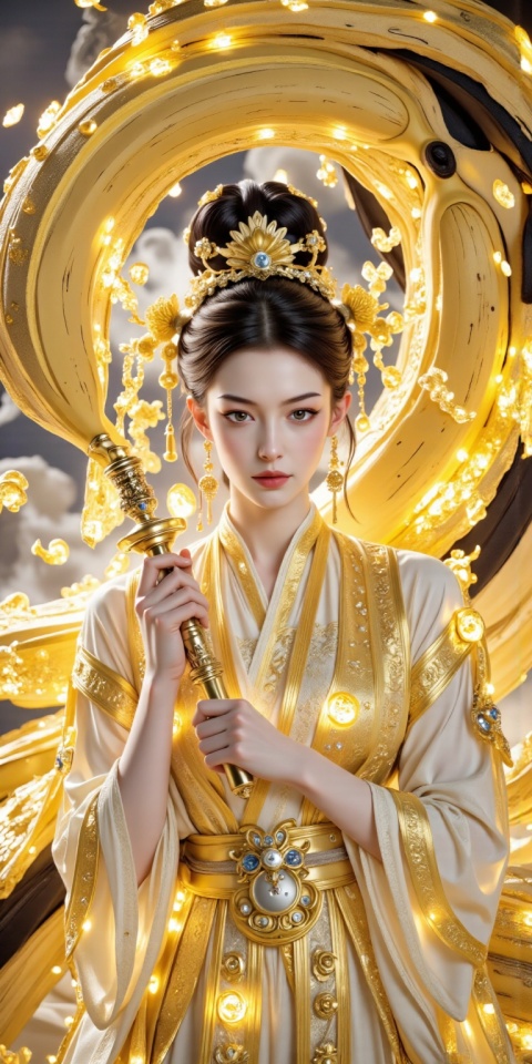 Create a picture of Shiranui dance in Chinese grotesque style. The elegant and sacred Shiranui dancer wears gorgeous and luxurious costumes of light gold. Her compassion is evil, and her fair and tender skin shows an elegant texture. She looked shyly at the camera with squinting eyes and hooked her hand to the camera, creating a strong sense of temptation. She is holding a banana-shaped magic weapon, and is surrounded by banana-shaped sword energy. The sword energy is sharp, elegant, and agile. A huge golden banana is looming behind the character, connecting the sky and the earth. The golden banana sword energy surrounding the character disappears into the foreground, adding a layer of hazy beauty. Use thick brush strokes and low saturation, but keep the texture of the brush strokes clear to create the effect of heaven and earth. The expression is cold and holy, compassionate, aloof, cold and indifferent, giving people a sense of oppression. It adopts super wide-angle strong perspective, looking up to shoot, with bottom light hitting the face, strong contrast between light and dark, natural shadow transition, thick fog, beautiful glow, and the overall tone is close to the style of Nolan movies, with a black style. The interweaving of light and shadow is dreamy and hazy, epic and grand, with strong fantasy colors, full of a sense of fate and story, and showing dynamic tension. Using UE5 rendering, 8K ultra-clear, extreme details, master-level composition, movie-level texture, advanced artistic sense, and strong visual impact.
Eliminate all negative factors that affect clarity, achieve optimal light and shadow effects, define long eyelashes, and highly saturated water-gloss lip glaze. Use the most advanced technology to reduce noise, anti-aliasing and anti-blur to achieve the ultimate ultra-clear work. Photography parameters: Canon EOS R5, 50mm fixed focus lens, shutter 1/125s, aperture f/4, ISO 100.

Post-production and texture: Fine-tune the color contrast, enhance the sharpness of the edges of clothing, retain the natural luster of the skin, and create the high-end texture of a dreamy epic photo.