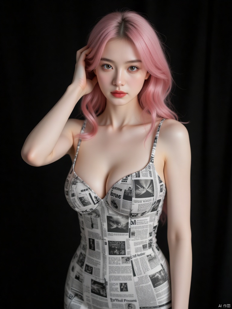 This is a high-resolution portrait of a modern style, featuring a young woman. She is wearing a tight dress printed with dense fiower pattern the pattern of which resembles a newspaper. Her hair is pink, falling over her shoulders, and she has one hand resting on the back of her head while the other hangs naturally by her side. Her eyes are fixed on the camera, and her expression is calm. She appears to be between the ages of 20 and 30, Low cut outfit, medium breast size, slim in figure, with delicate features, and fair skin. Her eyes are brown, and her lips are tinted with a subtle shade of red lipstick. Her hair falls to her shoulders, with a deep white color, styled in loose waves without bangs. The background is dark, giving a mysterious feel.,1girl