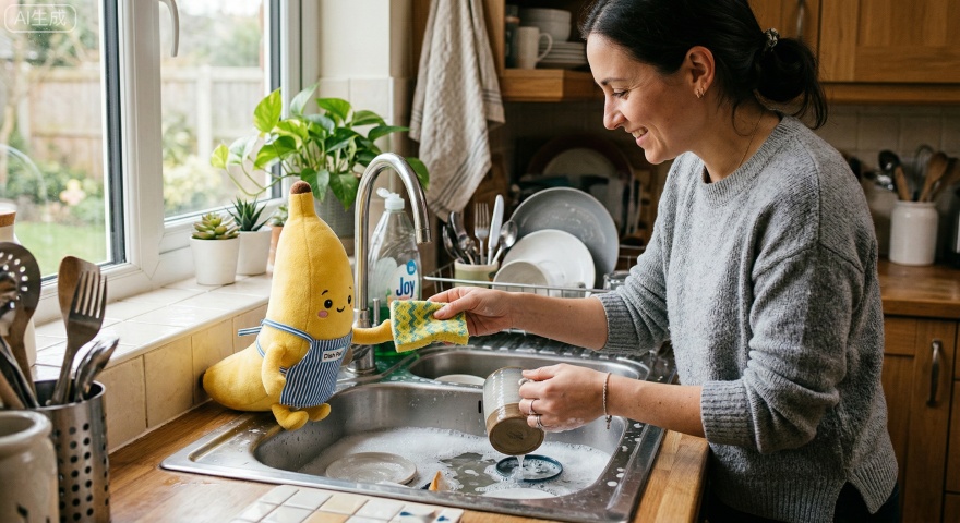 洗碗蕉搭子
趴在水槽边，陪你洗碗，还会递抹布，假装很能干。