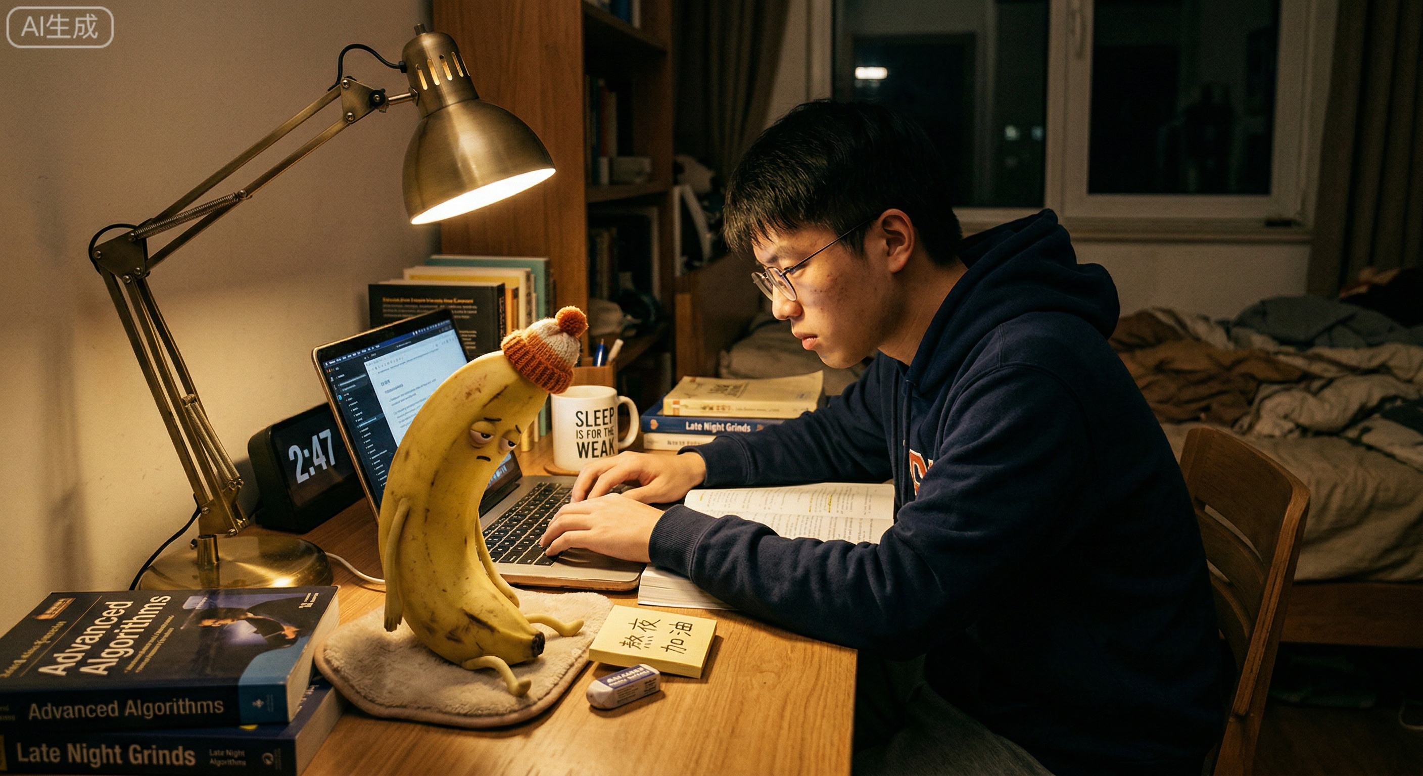 熬夜蕉搭子在台灯下陪你通宵，困得弯腰驼背，也坚持不先走。