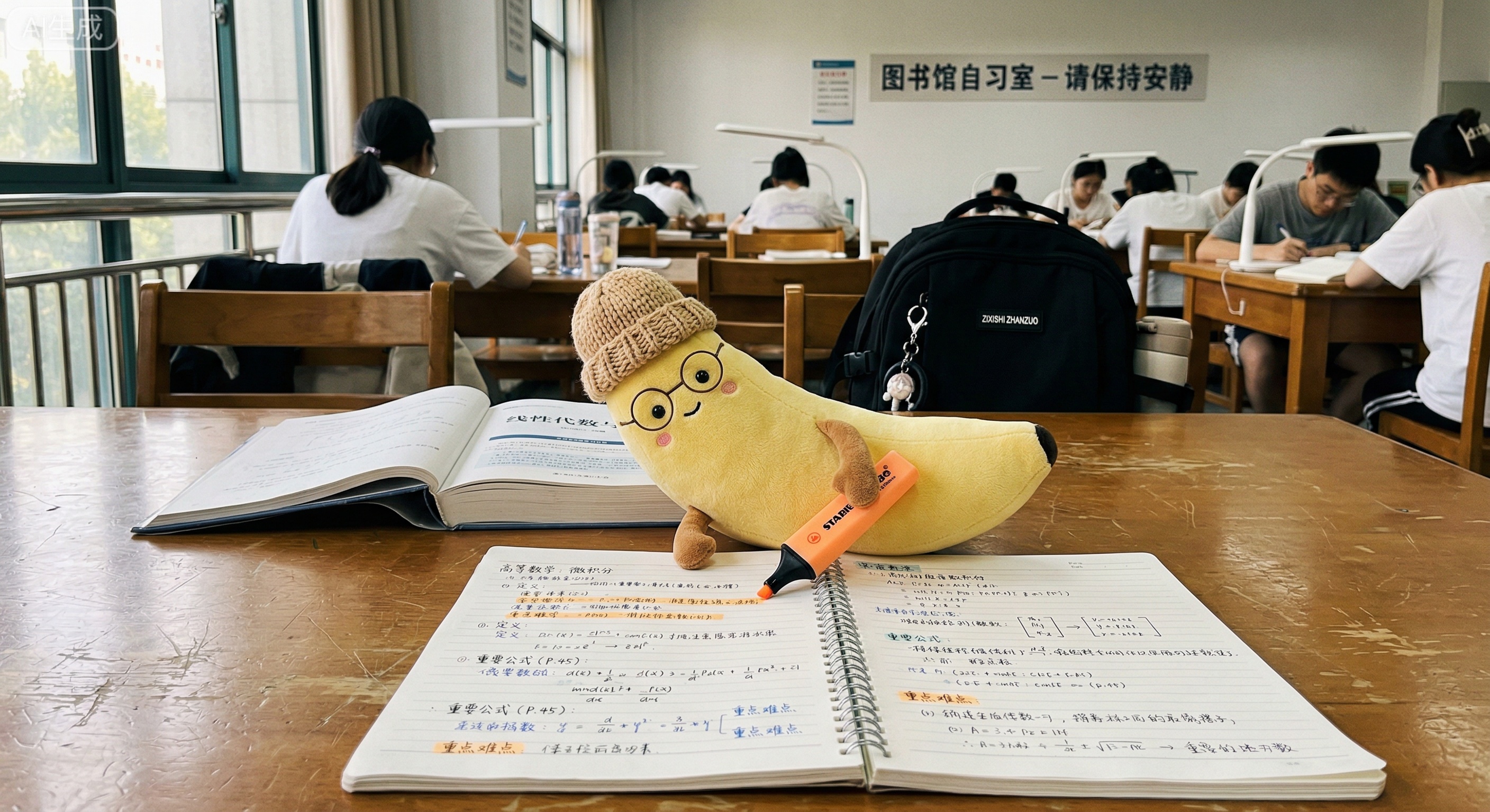 自习室占座蕉搭子安安静静趴在自习室桌面，帮你占座、看包，面前摊着你的笔记，假装在帮你划重点。