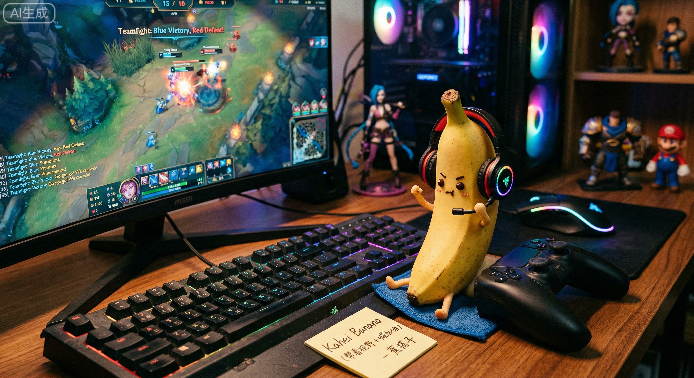 游戏开黑蕉搭子   坐在键盘/ 手柄旁，戴着小耳机，一脸认真帮你看视野、喊加油，输了还会低头“反省”