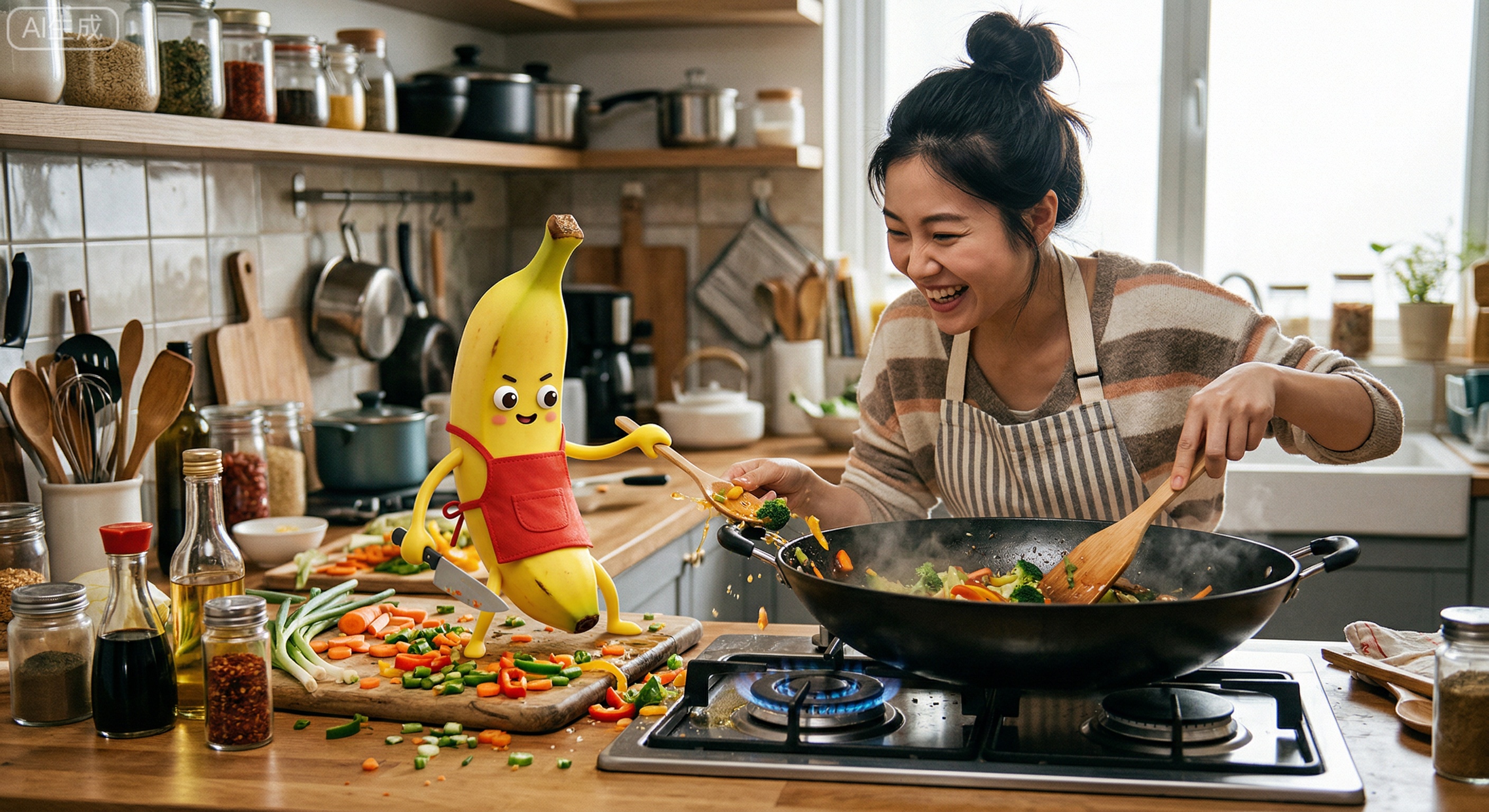 做饭蕉搭子站在厨房灶台边，假装帮你切菜、翻炒，实则只会添乱