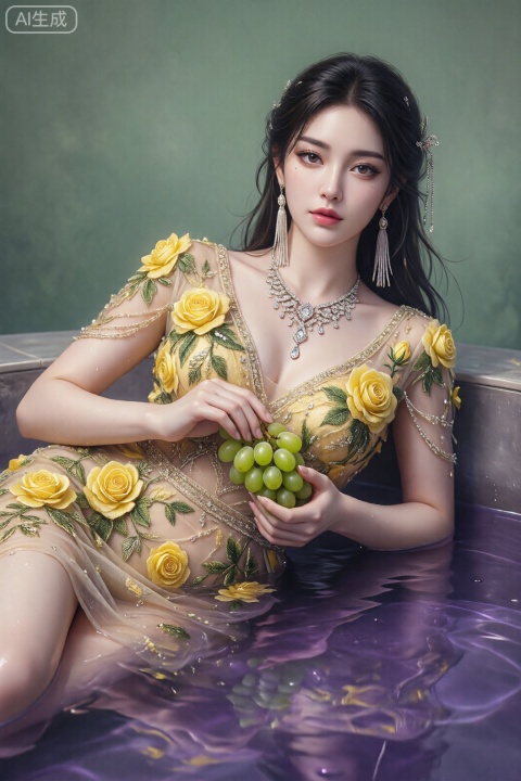 女主Ai，意识流美术主体身着黄玫瑰刺绣透视纱质礼裙，裙身以钉珠与亮片勾勒花叶层次，搭配钻饰项链与流苏耳饰，双手轻捧青提，于莫兰迪绿背景前定格。造型精致华贵，兼具复古油画感与灵动气质，尽显优雅贵气。躺在幽油池里，紫色透明液体，自然舒适的样子