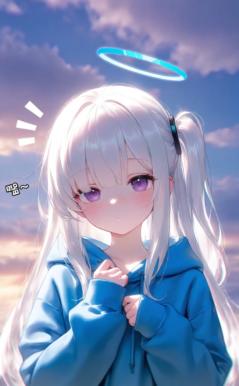 masterpiece,best quality,high quality,chromatic_aberration,//,1girl, solo, long hair, looking at viewer, blush, bangs, long sleeves, closed mouth, purple eyes, white hair, cloud, hood, sleeves past wrists, hoodie, one side up, halo, hood down, chinese text, korean text, notice lines, blue hoodie