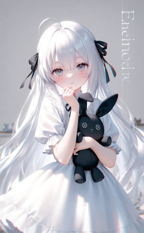 masterpiece,best quality,high quality,chromatic_aberration,//,1girl, solo, long hair, looking at viewer, blush, bangs, dress, ribbon, holding, hair between eyes, very long hair, hair ribbon, ahoge, white hair, parted lips, puffy sleeves, hand up, white dress, grey eyes, black ribbon, stuffed toy, cover, stuffed animal, stuffed bunny, holding stuffed toy