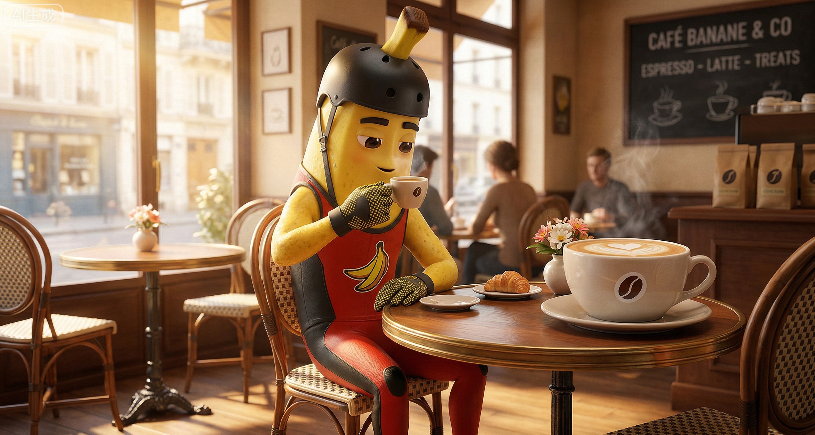 咖啡蕉搭子坐在咖啡馆杯旁，捧着迷你咖啡杯，假装在享受下午茶。