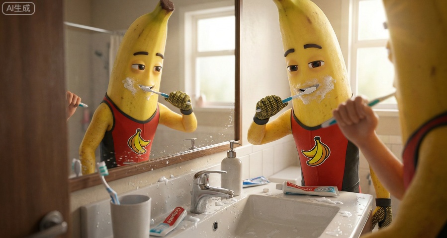 洗漱蕉搭子
站在洗手台镜子前，和你一起刷牙，脸上沾着泡沫，呆萌可爱。