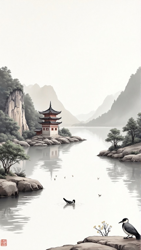  (ink-style, ink_wash_painting),(masterpiece,best quality), scenery, bird, east asian architecture, architecture, water, mountain, outdoors, river, lake,painting \(medium\), traditionalmedia,branch,watercolor\(medium\),