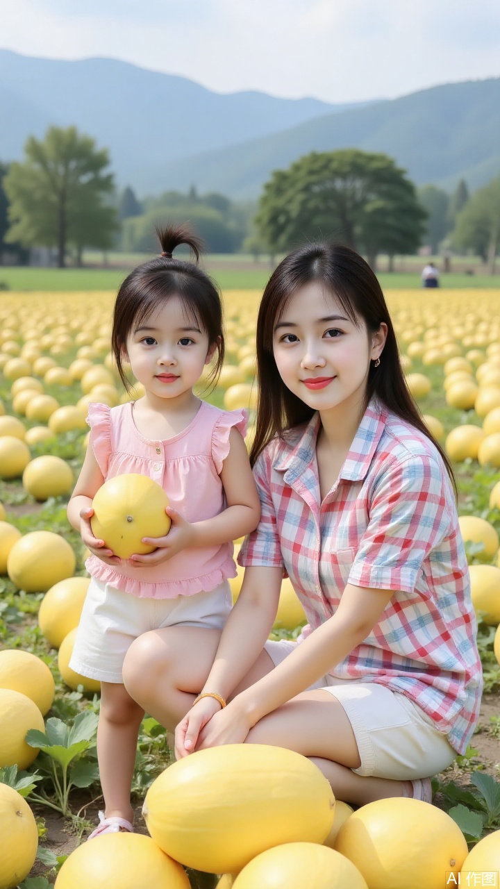 A young woman, wearing a short - sleeved checked shirt and white shorts, is squatting in a melon field, picking fruits with both hands. Beside her stands a little girl with a small ponytail on top of her head, wearing the same outfit. The little girl is holding a plump yellow Hami melon with both hands. Both of them are showing bright smiles towards the camera. Behind them is a melon field filled with ripe yellow Hami melons and green melon vines all over the ground. In the distance, there are trees and mountains. Soft lighting, richly detailed elements, distinct focus, high - definition, sharp picture quality, best quality,masterpiece