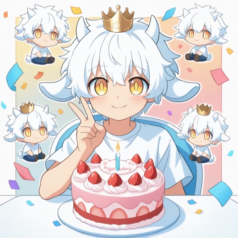 masterpiece, best quality, ultra cute, chibi, anime style, young goat boy, male focus, white short hair, fluffy white hair, short white horns, white horns, golden eyes, shiny golden pupils, cute boyish face, innocent expression, happy smile, small crown on head, sitting on a cute chair, making a peace sign, v gesture, round table in front of him, birthday cake on the table, strawberry cream cake, colorful sprinkles, lit candle, party background, pastel pink and blue tones, confetti, balloons, kawaii, adorable, soft lighting, warm color palette, clean outline, cel shading, cute anime illustration, half body, portrait composition, focus on face and cake, centered composition, white T-shirt