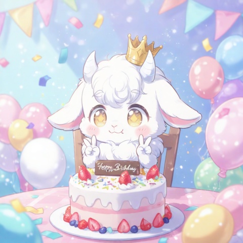 masterpiece, best quality, ultra cute, chibi, furry goat boy, male, white fluffy fur, fluffy cheeks, soft fur, detailed fur texture, fine fur strands, plush texture, fuzzy woolly fur, short white horns, white horns, golden eyes, shiny golden pupils, small crown on head, cheerful smile, sitting on a cute chair, making a peace sign, v gesture, hooves, round table in front of him, birthday cake on the table, strawberry cream cake, colorful sprinkles, lit candle, party background, pastel pink and blue tones, confetti, balloons, kawaii, adorable, soft lighting, warm color palette, clean outline, cel shading, cute anime illustration, half body, portrait composition, focus on face and cake, centered composition