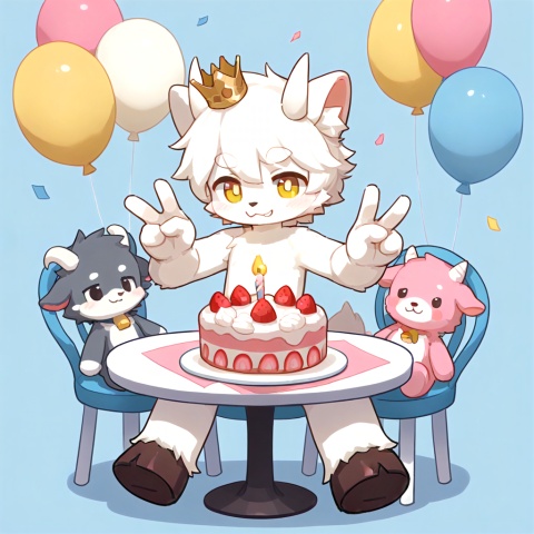 masterpiece, best quality, ultra cute, chibi, furry goat boy, male, white fluffy fur, fluffy body, soft fur, detailed fur texture, fine fur strands, plush texture, fuzzy woolly fur, short white horns, golden eyes, shiny golden pupils, tiny crown on head, cheerful smile, sitting on cute chair, making peace sign, v gesture, hooves, sitting beside round table, birthday cake placed on table, strawberry cream cake, colorful sprinkles, lit candle, pastel pink and blue background, floating confetti, balloons, kawaii, adorable, soft warm lighting, clean outline, cel shading, anime illustration, full body, centered composition,young boy, tiny body, shota,cute