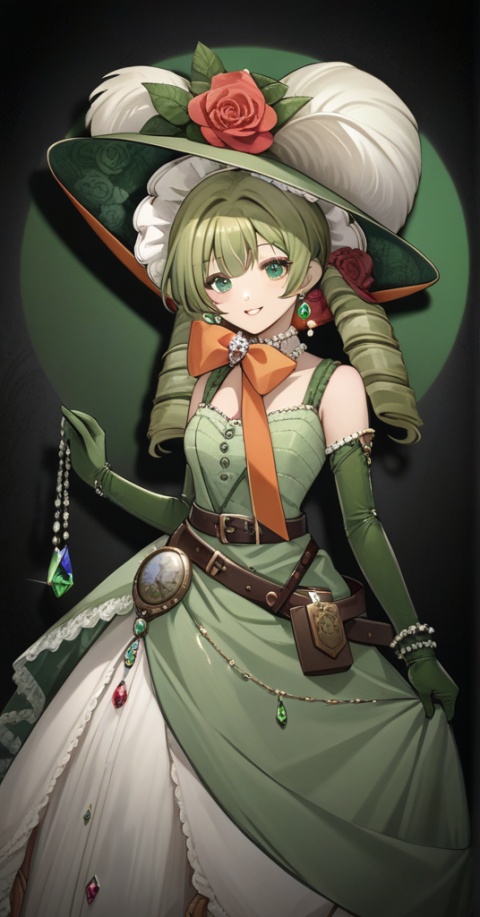  (best quality), ((masterpiece)), (highres), illustration, original, extremely detailed wallpaper.1girl, solo, gloves, green eyes, dress, flower, green dress, elbow gloves, gem, smile, looking at viewer, drill hair, hat, green gemstone, hat feather, belt, rose, jewelry, bangs, hat flower, twin drills, black background, frills, bow, green gloves, red flower, long hair, bonnet, green hair, parted lips, orange bow