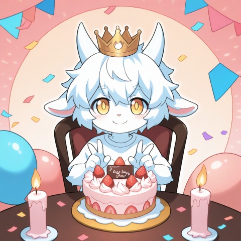 masterpiece, best quality,furry, ultra cute, chibi, anime style, young goat boy, male focus, white short hair, fluffy white fur, short white horns, white horns, golden eyes, shiny golden pupils, cute boyish face, innocent expression, happy smile, small crown on head, sitting on a cute chair, making a peace sign, v gesture, round table in front of him, birthday cake on the table, strawberry cream cake, colorful sprinkles, lit candle, party background, pastel pink and blue tones, confetti, balloons, kawaii, adorable, soft lighting, warm color palette, clean outline, cel shading, cute anime illustration, half body, portrait composition, focus on face and cake, centered composition, white T-shirt