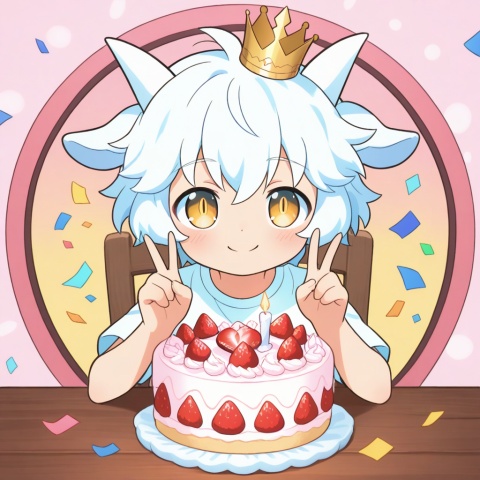 masterpiece, best quality, ultra cute, chibi, anime style, young goat boy, male focus, white short hair, fluffy white hair, short white horns, white horns, golden eyes, shiny golden pupils, cute boyish face, innocent expression, happy smile, small crown on head, sitting on a cute chair, making a peace sign, v gesture, round table in front of him, birthday cake on the table, strawberry cream cake, colorful sprinkles, lit candle, party background, pastel pink and blue tones, confetti, balloons, kawaii, adorable, soft lighting, warm color palette, clean outline, cel shading, cute anime illustration, half body, portrait composition, focus on face and cake, centered composition, white T-shirt, wooden chair