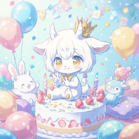 masterpiece, best quality, ultra cute, chibi, furry character, goat girl, white fluffy fur, fluffy body, soft fur, detailed fur texture, fine fur strands, plush texture, fuzzy woolly fur, short white horns, white horns, golden eyes, shiny golden pupils, small crown on head, happy smile, making a peace sign, v gesture, hooves, birthday cake in front of her, strawberry cream cake, colorful sprinkles, lit candle, party background, pastel pink and blue tones, confetti, balloons, kawaii, adorable, soft lighting, warm color palette, clean outline, cel shading, cute anime illustration, full body, centered composition