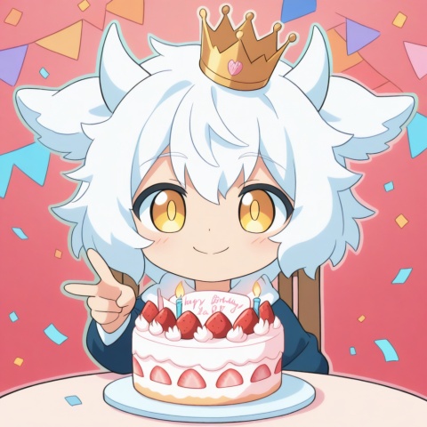 masterpiece, best quality, ultra cute, chibi, anime style, young goat boy, male focus, white short hair, fluffy white hair, short white horns, white horns, golden eyes, shiny golden pupils, cute boyish face, innocent expression, happy smile, small crown on head, sitting on a cute chair, making a peace sign, v gesture, round table in front of him, birthday cake on the table, strawberry cream cake, colorful sprinkles, lit candle, party background, pastel pink and blue tones, confetti, balloons, kawaii, adorable, soft lighting, warm color palette, clean outline, cel shading, cute anime illustration, half body, portrait composition, focus on face and cake, centered composition