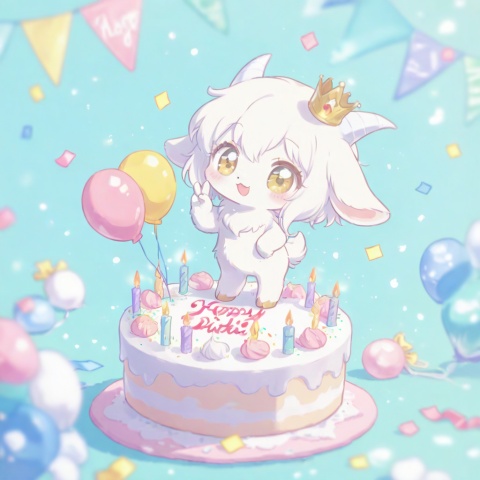 masterpiece, best quality, ultra cute, chibi, furry character, goat girl, white fluffy fur, short white horns, white horns, golden eyes, shiny eyes, hooves, small crown, happy expression, making a peace sign, v gesture, birthday cake in front of her, holding a small candle, colorful sprinkles, pastel pink and blue background, confetti, party balloons, kawaii, adorable, soft lighting, warm color palette, clean outline, cel shading, anime style, cute illustration, detailed cake, soft shadows, full body, centered composition