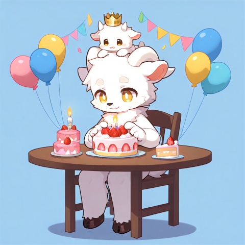 masterpiece, best quality, ultra cute, chibi, furry goat boy, male, white fluffy fur, fluffy body, soft fur, detailed fur texture, fine fur strands, plush texture, fuzzy woolly fur, short white horns, golden eyes, shiny golden pupils, tiny crown on head, cheerful smile, sitting on cute chair, making peace sign, v gesture, hooves, sitting beside round table, birthday cake placed on table, strawberry cream cake, colorful sprinkles, lit candle, pastel pink and blue background, floating confetti, balloons, kawaii, adorable, soft warm lighting, clean outline, cel shading, anime illustration, full body, centered composition,young boy, tiny body, shota,cute