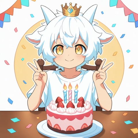 masterpiece, best quality, ultra cute, chibi, anime style, young goat boy, male focus, white short hair, fluffy white hair, short white horns, white horns, golden eyes, shiny golden pupils, cute boyish face, innocent expression, happy smile, small crown on head, sitting on a cute chair, making a peace sign, v gesture, round table in front of him, birthday cake on the table, strawberry cream cake, colorful sprinkles, lit candle, party background, pastel pink and blue tones, confetti, balloons, kawaii, adorable, soft lighting, warm color palette, clean outline, cel shading, cute anime illustration, half body, portrait composition, focus on face and cake, centered composition, white T-shirt