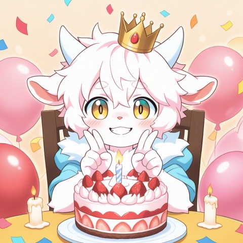 masterpiece, best quality, ultra cute, chibi, anime style, young goat boy, male focus, furry,white short hair, fluffy white fur, short white horns, white horns, golden eyes, shiny golden pupils, cute boyish face, innocent expression, grinning, toothy smile, happy open smile, small crown on head, sitting on a cute chair, one hand making a peace sign, v gesture, other hand resting on the table, round table in front of him, birthday cake on the table, strawberry cream cake, colorful sprinkles, lit candle, party background, pastel pink and blue tones, confetti, balloons, kawaii, adorable, soft lighting, warm color palette, clean outline, cel shading, cute anime illustration, half body, portrait composition, focus on face and cake, centered composition, furry ,cute ,shota