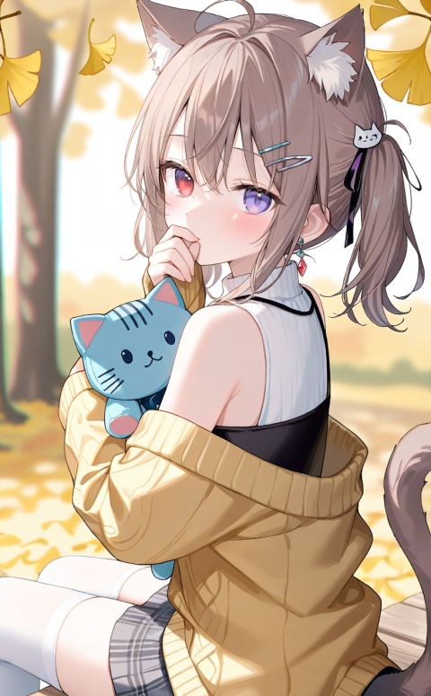 masterpiece,absurdres,best quality,((petite)),high quality,chromatic_aberration,
//,
1girl, ginkgo_leaf, solo, hair_ornament, brown_hair, leaf, sleeves_past_wrists, holding_leaf, long_hair, sweater, hairclip, purple_eyes, blurry_background, blurry, white_sweater, long_sleeves, plaid, autumn_leaves, plaid_jacket, dress, upper_body, depth_of_field, earrings, autumn, black_dress, hair_between_eyes, outdoors, looking_back, sleeveless_dress, holding, falling_leaves, looking_at_viewer, blush, jewelry, jacket, white_shirt, shirt, english_text, ribbed_sweater, sleeveless,ahoge, animal ear fluff, animal ears, blush, brown hair, cardigan, cat, cat ears, cat girl, cat hair ornament, cat tail, grey skirt, hair ornament, hairclip, hand to own mouth, hugging object, looking at viewer, plaid clothes, plaid skirt, red eyes, ribbon, shirt, short hair, short twintails, sitting, skirt, sleeves past wrists, stuffed animal, stuffed cat, stuffed toy, tail, thighhighs, thighs, twintails, white shirt, white thighhighs, yellow cardigan, zettai ryouiki
//,
(momoko_(momopoco):0.9),(momomoi_momoi:0.8),(misyune:0.75),(meion:1),(miwano_rag:0.6),(myowa:0.7),(myuu_(arisumeria):0.7),(myusha:0.9),