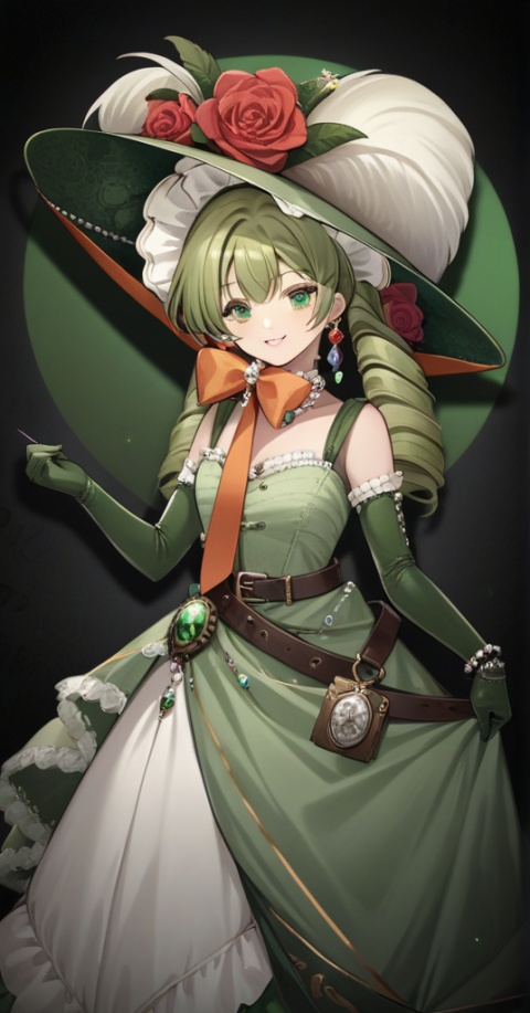  (best quality), ((masterpiece)), (highres), illustration, original, extremely detailed wallpaper.1girl, solo, gloves, green eyes, dress, flower, green dress, elbow gloves, gem, smile, looking at viewer, drill hair, hat, green gemstone, hat feather, belt, rose, jewelry, bangs, hat flower, twin drills, black background, frills, bow, green gloves, red flower, long hair, bonnet, green hair, parted lips, orange bow