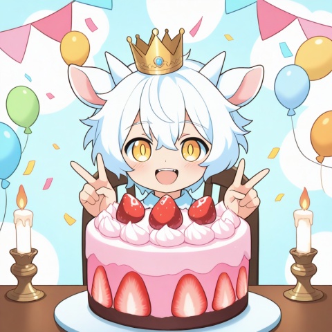 masterpiece, best quality, ultra cute, chibi, anime style, young goat boy, male focus, white short hair, fluffy white hair, short white horns, white horns, golden eyes, shiny golden pupils, cute boyish face, innocent expression, grinning, toothy smile, happy open smile, small crown on head, sitting on a cute chair, one hand making a peace sign, v gesture, other hand resting on the table, round table in front of him, birthday cake on the table, strawberry cream cake, colorful sprinkles, lit candle, party background, pastel pink and blue tones, confetti, balloons, kawaii, adorable, soft lighting, warm color palette, clean outline, cel shading, cute anime illustration, half body, portrait composition, focus on face and cake, centered composition