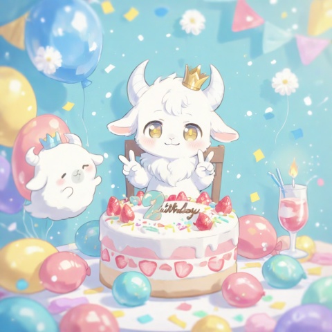 masterpiece, best quality, ultra cute, chibi, furry goat boy, male, white fluffy fur, fluffy body, soft fur, detailed fur texture, fine fur strands, plush texture, fuzzy woolly fur, short white horns, golden eyes, shiny golden pupils, tiny crown on head, cheerful smile, sitting on cute chair, making peace sign, v gesture, hooves, sitting beside round table, birthday cake placed on table, strawberry cream cake, colorful sprinkles, lit candle, pastel pink and blue background, floating confetti, balloons, kawaii, adorable, soft warm lighting, clean outline, cel shading, anime illustration, full body, centered composition,young boy, tiny body, shota,cute
