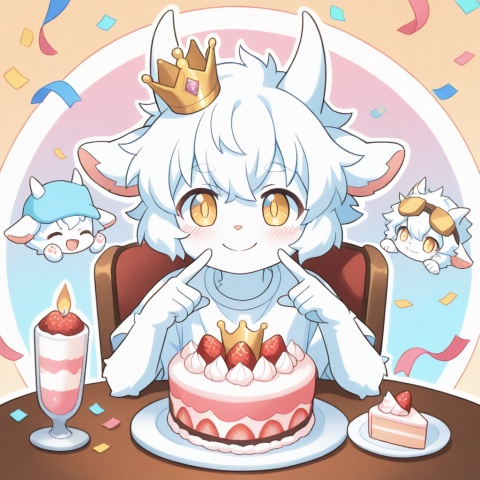 masterpiece, best quality,furry, ultra cute, chibi, anime style, young goat boy, male focus, white short hair, fluffy white fur, short white horns, white horns, golden eyes, shiny golden pupils, cute boyish face, innocent expression, happy smile, small crown on head, sitting on a cute chair, making a peace sign, v gesture, round table in front of him, birthday cake on the table, strawberry cream cake, colorful sprinkles, lit candle, party background, pastel pink and blue tones, confetti, balloons, kawaii, adorable, soft lighting, warm color palette, clean outline, cel shading, cute anime illustration, half body, portrait composition, focus on face and cake, centered composition, white T-shirt