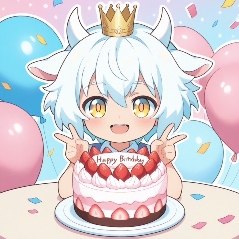 masterpiece, best quality, ultra cute, chibi, anime style, young goat boy, male focus, white short hair, fluffy white hair, short white horns, white horns, golden eyes, shiny golden pupils, cute boyish face, innocent expression, grinning, toothy smile, happy open smile, small crown on head, sitting on a cute chair, one hand making a peace sign, v gesture, other hand resting on the table, round table in front of him, birthday cake on the table, strawberry cream cake, colorful sprinkles, lit candle, party background, pastel pink and blue tones, confetti, balloons, kawaii, adorable, soft lighting, warm color palette, clean outline, cel shading, cute anime illustration, half body, portrait composition, focus on face and cake, centered composition