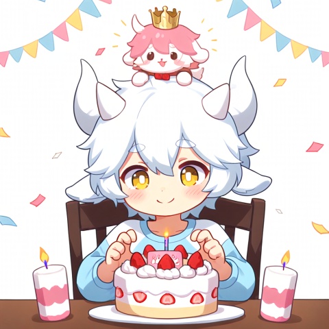 masterpiece, best quality, ultra cute, chibi, anime style, young goat boy, male focus, white short hair, fluffy white hair, short white horns, white horns, golden eyes, shiny golden pupils, cute boyish face, innocent expression, happy smile, small crown on head, sitting on a cute chair, making a peace sign, v gesture, round table in front of him, birthday cake on the table, strawberry cream cake, colorful sprinkles, lit candle, party background, pastel pink and blue tones, confetti, balloons, kawaii, adorable, soft lighting, warm color palette, clean outline, cel shading, cute anime illustration, half body, portrait composition, focus on face and cake, centered composition