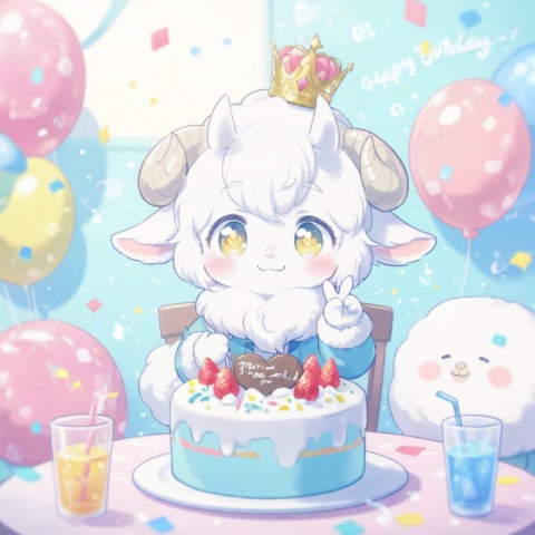 masterpiece, best quality, ultra cute, chibi, furry goat boy, male, white fluffy fur, fluffy cheeks, soft fur, detailed fur texture, fine fur strands, plush texture, fuzzy woolly fur, short white horns, white horns, golden eyes, shiny golden pupils, small crown on head, cheerful smile, sitting on a cute chair, making a peace sign, v gesture, hooves, round table in front of him, birthday cake on the table, strawberry cream cake, colorful sprinkles, lit candle, party background, pastel pink and blue tones, confetti, balloons, kawaii, adorable, soft lighting, warm color palette, clean outline, cel shading, cute anime illustration, half body, portrait composition, focus on face and cake, centered compositionyoung boy, tiny body, shota,cute