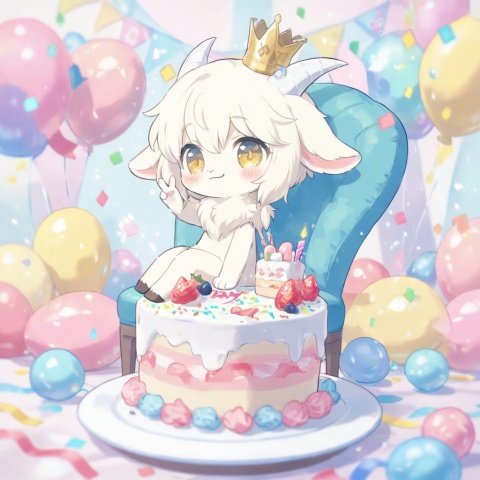 masterpiece, best quality, ultra cute, chibi, furry character, goat girl, white fluffy fur, fluffy body, soft fur, detailed fur texture, fine fur strands, plush texture, fuzzy woolly fur, short white horns, white horns, golden eyes, shiny golden pupils, small crown on head, happy smile, sitting on a cute chair, making a peace sign, v gesture, hooves, sitting at a table, birthday cake on the table, strawberry cream cake, colorful sprinkles, lit candle, plate and fork on table, party background, pastel pink and blue tones, confetti, balloons, kawaii, adorable, soft lighting, warm color palette, clean outline, cel shading, cute anime illustration, full body, centered composition