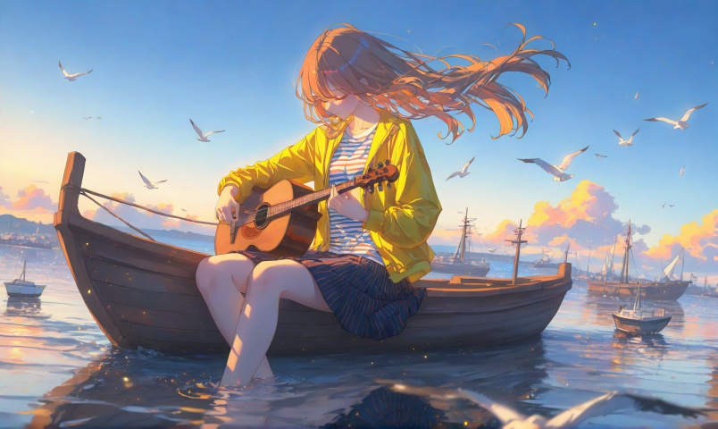 1girl, solo, long hair, skirt, brown hair, shirt, long sleeves, holding, sitting, jacket, closed eyes, outdoors, sky, day, striped, water, blue sky, floating hair, bird, wind, instrument, reflection, music, yellow jacket, playing instrument, holding instrument, boat, seagull
,depth of field,cinematic lighting,light particles,lens flare, extreme aesthetic,masterpiece,best quality,good quality,newest,very aesthetic,absurdres,A shot with tension, 32K UHD,sharp focus,best-quality,masterpiece,Emotionalization,temperate atmosphere,with a high-end texture,(Tyndall Effect 1.4),(wlop:0.6),year 2024:0.8),[[artist:rhasta]],colorful,best quality,very aesthetic,absurdres,32K UHD,sharp focus,best-quality,Emotionalization,temperate atmosphere,with a high-end texture,in the style of fashion photography,Dynamic,dynamic force picture,(Visual impact:1.2),The Ninth Art,impactful picture,offcial art,colorful,movie perspective, masterpiece,skin details,cyzf,