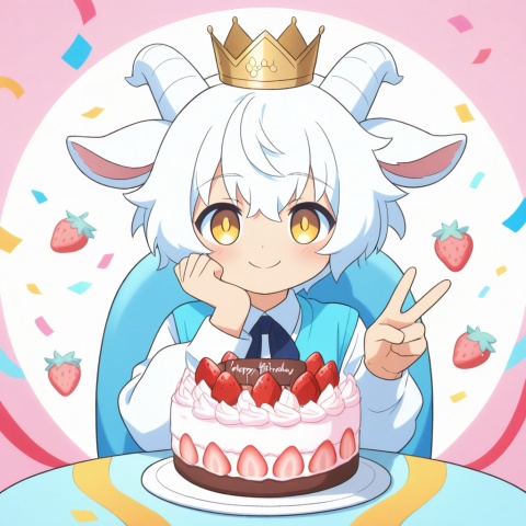 masterpiece, best quality, ultra cute, chibi, anime style, young goat boy, male focus, white short hair, fluffy white hair, short white horns, white horns, golden eyes, shiny golden pupils, cute boyish face, innocent expression, happy smile, small crown on head, sitting on a cute chair, one hand making a peace sign, v gesture, other hand resting on the table, round table in front of him, birthday cake on the table, strawberry cream cake, colorful sprinkles, lit candle, party background, pastel pink and blue tones, confetti, balloons, kawaii, adorable, soft lighting, warm color palette, clean outline, cel shading, cute anime illustration, half body, portrait composition, focus on face and cake, centered composition