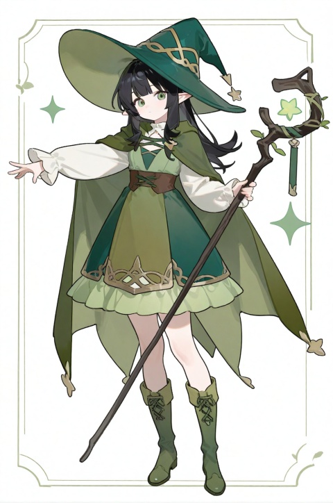 1girl, solo, long hair, looking at viewer, bangs, black hair, long sleeves, hat, white background, dress, holding, closed mouth, green eyes, standing, full body, boots, frills, pointy ears, cape, witch hat, outstretched arm, staff, green skirt, green dress, green headwear, holding staff, green footwear, green cape,chibi