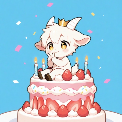 masterpiece, best quality, ultra cute, chibi, furry goat boy, male, white fluffy fur, fluffy body, soft fur, detailed fur texture, fine fur strands, plush texture, fuzzy woolly fur, short white horns, golden eyes, shiny golden pupils, tiny crown on head, cheerful smile, sitting on cute chair, making peace sign, v gesture, hooves, sitting beside round table, birthday cake placed on table, strawberry cream cake, colorful sprinkles, lit candle, pastel pink and blue background, floating confetti, balloons, kawaii, adorable, soft warm lighting, clean outline, cel shading, anime illustration, full body, centered composition,young boy, tiny body, shota,cute