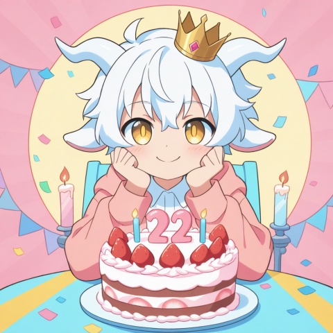 masterpiece, best quality, ultra cute, chibi, anime style, young goat boy, male focus, white short hair, fluffy white hair, short white horns, white horns, golden eyes, shiny golden pupils, cute boyish face, innocent expression, happy smile, small crown on head, sitting on a cute chair, one hand making a peace sign, v gesture, other hand resting on the table, round table in front of him, birthday cake on the table, strawberry cream cake, colorful sprinkles, lit candle, party background, pastel pink and blue tones, confetti, balloons, kawaii, adorable, soft lighting, warm color palette, clean outline, cel shading, cute anime illustration, half body, portrait composition, focus on face and cake, centered composition