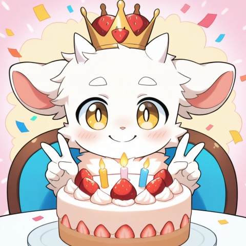 masterpiece, best quality, ultra cute, chibi, anime style, young goat boy, male focus, furry,white short hair, fluffy white fur, short white horns, white horns, golden eyes, shiny golden pupils, cute boyish face, innocent expression, grinning, toothy smile, happy open smile, small crown on head, sitting on a cute chair, one hand making a peace sign, v gesture, other hand resting on the table, round table in front of him, birthday cake on the table, strawberry cream cake, colorful sprinkles, lit candle, party background, pastel pink and blue tones, confetti, balloons, kawaii, adorable, soft lighting, warm color palette, clean outline, cel shading, cute anime illustration, half body, portrait composition, focus on face and cake, centered composition, furry ,cute ,shota