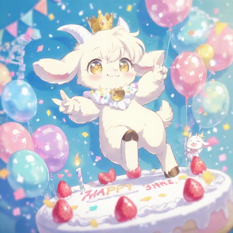 masterpiece, best quality, ultra cute, chibi, furry character, goat girl, white fluffy fur, fluffy body, soft fur, detailed fur texture, fine fur strands, plush texture, fuzzy woolly fur, short white horns, white horns, golden eyes, shiny golden pupils, small crown on head, happy smile, making a peace sign, v gesture, hooves, birthday cake in front of her, strawberry cream cake, colorful sprinkles, lit candle, party background, pastel pink and blue tones, confetti, balloons, kawaii, adorable, soft lighting, warm color palette, clean outline, cel shading, cute anime illustration, full body, centered composition