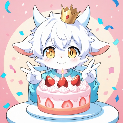 masterpiece, best quality, ultra cute, chibi, anime style, young goat boy, male focus, furry,white short hair, fluffy white fur, short white horns, white horns, golden eyes, shiny golden pupils, cute boyish face, innocent expression, grinning, toothy smile, happy open smile, small crown on head, sitting on a cute chair, one hand making a peace sign, v gesture, other hand resting on the table, round table in front of him, birthday cake on the table, strawberry cream cake, colorful sprinkles, lit candle, party background, pastel pink and blue tones, confetti, balloons, kawaii, adorable, soft lighting, warm color palette, clean outline, cel shading, cute anime illustration, half body, portrait composition, focus on face and cake, centered composition, furry ,cute ,shota