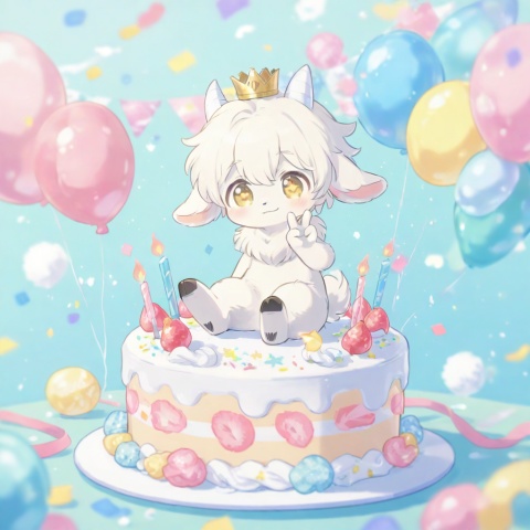 masterpiece, best quality, ultra cute, chibi, furry goat boy, male, white fluffy fur, fluffy body, soft fur, detailed fur texture, fine fur strands, plush texture, fuzzy woolly fur, short white horns, golden eyes, shiny golden pupils, tiny crown on head, cheerful smile, sitting on cute chair, making peace sign, v gesture, hooves, sitting beside round table, birthday cake placed on table, strawberry cream cake, colorful sprinkles, lit candle, pastel pink and blue background, floating confetti, balloons, kawaii, adorable, soft warm lighting, clean outline, cel shading, anime illustration, full body, centered composition,young boy, tiny body, shota,cute