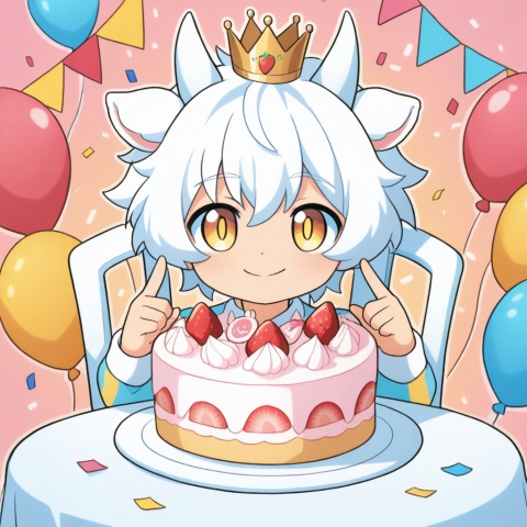 masterpiece, best quality, ultra cute, chibi, anime style, young goat boy, male focus, white short hair, fluffy white hair, short white horns, white horns, golden eyes, shiny golden pupils, cute boyish face, innocent expression, happy smile, small crown on head, sitting on a cute chair, making a peace sign, v gesture, round table in front of him, birthday cake on the table, strawberry cream cake, colorful sprinkles, lit candle, party background, pastel pink and blue tones, confetti, balloons, kawaii, adorable, soft lighting, warm color palette, clean outline, cel shading, cute anime illustration, half body, portrait composition, focus on face and cake, centered composition