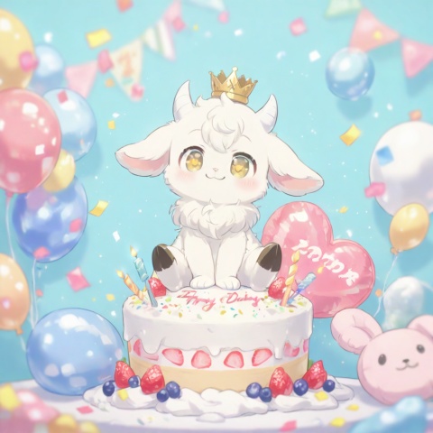 masterpiece, best quality, ultra cute, chibi, furry goat boy, male, white fluffy fur, fluffy body, soft fur, detailed fur texture, fine fur strands, plush texture, fuzzy woolly fur, short white horns, golden eyes, shiny golden pupils, tiny crown on head, cheerful smile, sitting on cute chair, making peace sign, v gesture, hooves, sitting beside round table, birthday cake placed on table, strawberry cream cake, colorful sprinkles, lit candle, pastel pink and blue background, floating confetti, balloons, kawaii, adorable, soft warm lighting, clean outline, cel shading, anime illustration, full body, centered composition