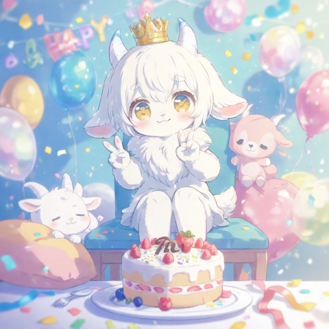 masterpiece, best quality, ultra cute, chibi, furry character, goat girl, white fluffy fur, fluffy body, soft fur, detailed fur texture, fine fur strands, plush texture, fuzzy woolly fur, short white horns, white horns, golden eyes, shiny golden pupils, small crown on head, happy smile, sitting on a cute chair, making a peace sign, v gesture, hooves, sitting at a table, birthday cake on the table, strawberry cream cake, colorful sprinkles, lit candle, plate and fork on table, party background, pastel pink and blue tones, confetti, balloons, kawaii, adorable, soft lighting, warm color palette, clean outline, cel shading, cute anime illustration, full body, centered composition