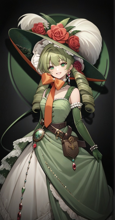  (best quality), ((masterpiece)), (highres), illustration, original, extremely detailed wallpaper.1girl, solo, gloves, green eyes, dress, flower, green dress, elbow gloves, gem, smile, looking at viewer, drill hair, hat, green gemstone, hat feather, belt, rose, jewelry, bangs, hat flower, twin drills, black background, frills, bow, green gloves, red flower, long hair, bonnet, green hair, parted lips, orange bow